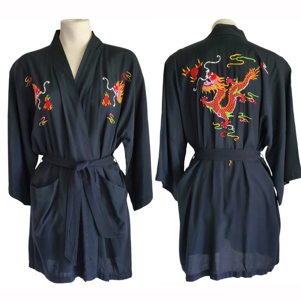 Vintage Dragon Embroidered Kimono Style Artsy Boho Robe Black Size S - Picture 2 of 13